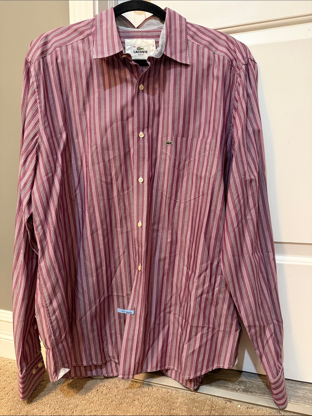 Lacoste Men's Purple and White Striped Dress Shirt dry cleaned Size 44 XL